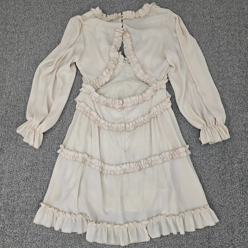 Cream Ruffle Tiered Mini Dress Open Back Coquette Romantic Boho Size M - Picture 8 of 8
